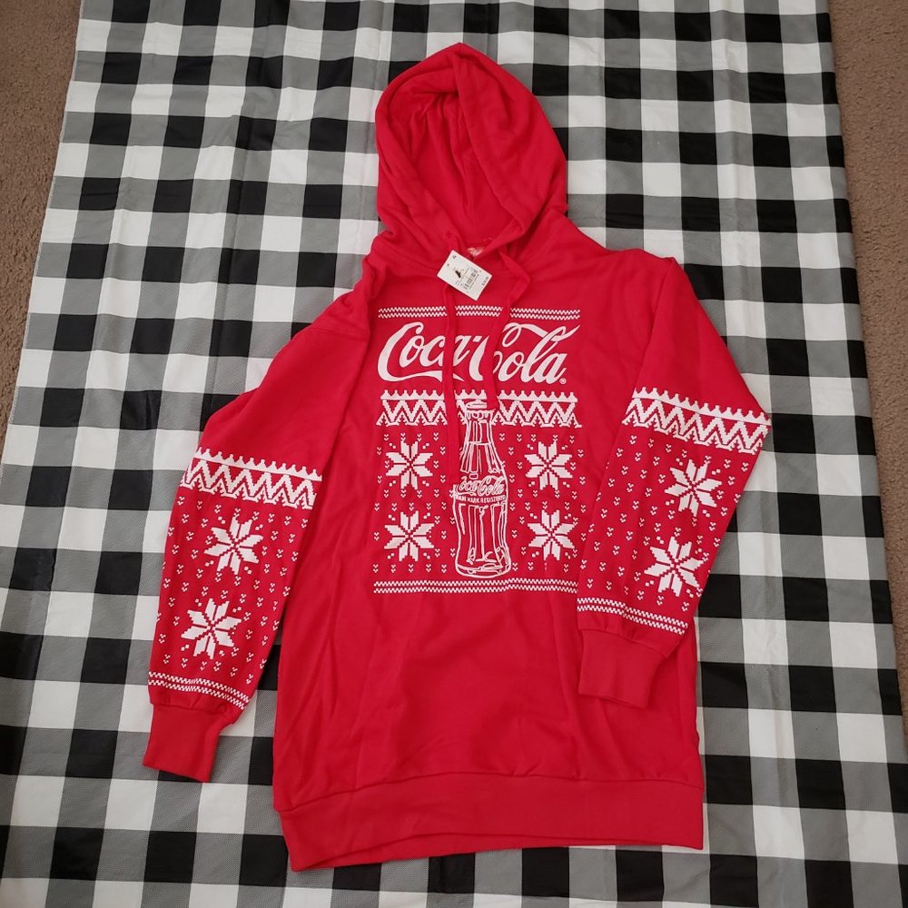 Coca-Cola Women's Holiday Long Sleeve Hooded Graphic Sweatshirt Dress Red